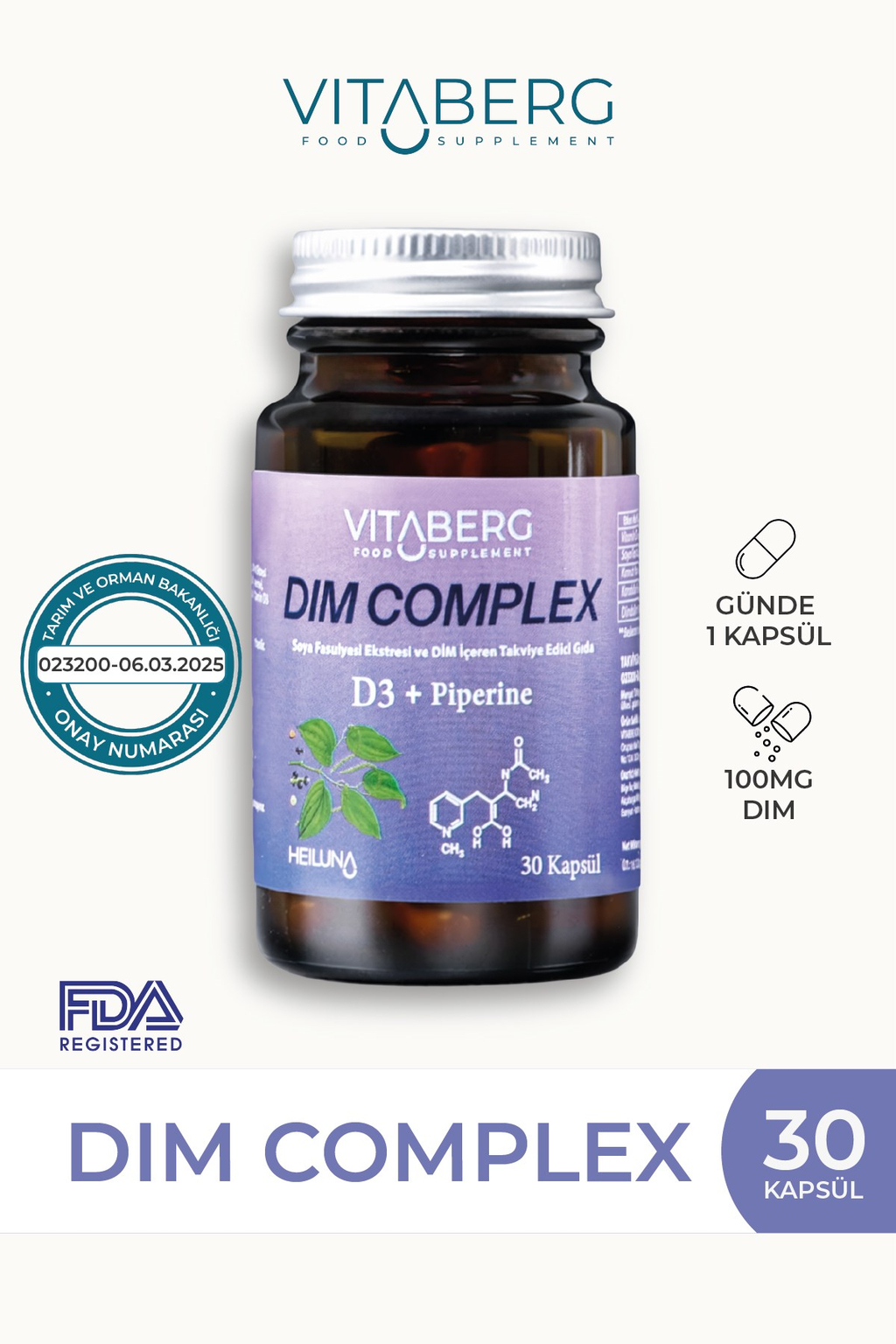Vitaberg Dim Complex 30 Kapsül – DIM 100 mg, D3 ve Bitkisel Ekstreler İçeren Takviye Edici Gıda