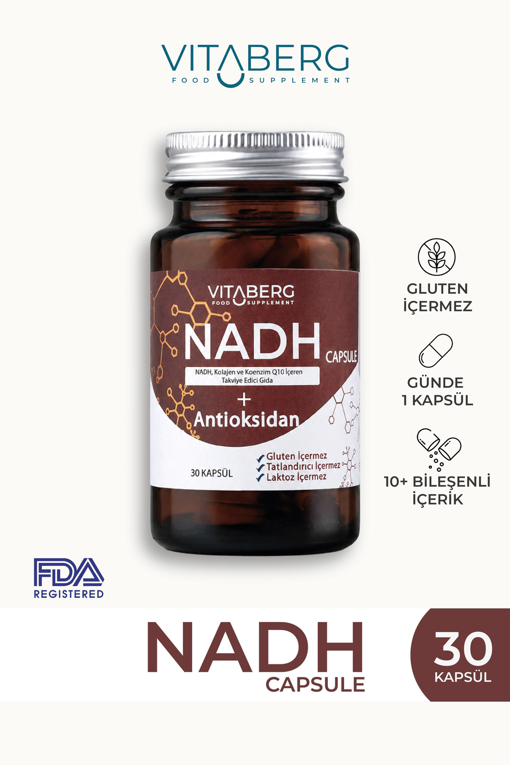 Vitaberg NADH Antioksidan+ | PQQ, Koenzim Q10, Resveratrol, Kolajen Tip II