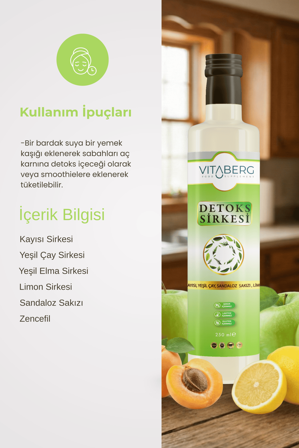 Detoks Sirkesi | Kayısı, Yeşil Çay ve Bitkisel Ekstrakt İçeren Karışım 250 ml