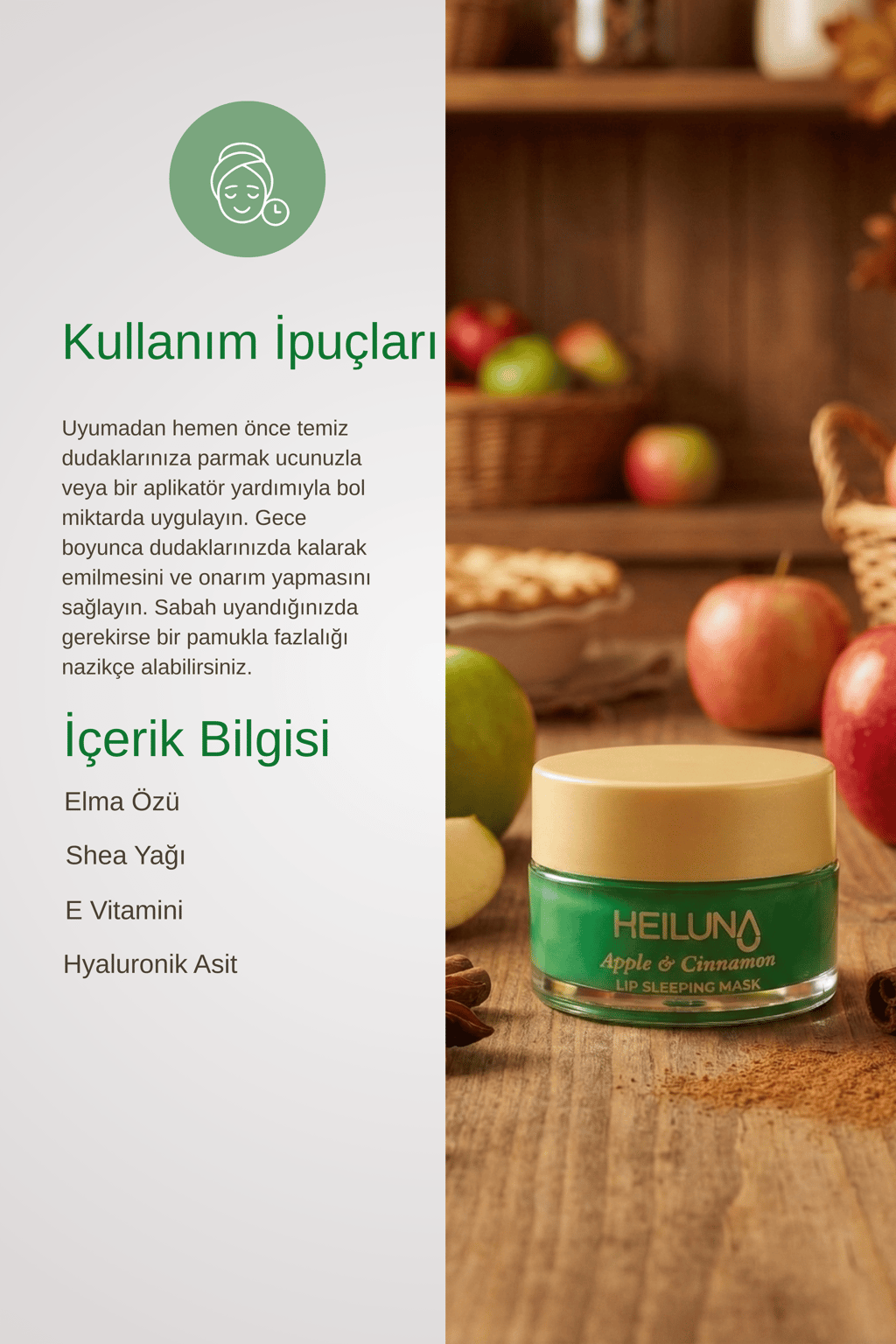 Elma ve Tarçın Özlü  Gece Dudak Maskesi 20g | E Vitamini, Shea Yağı Besleyici Bakım