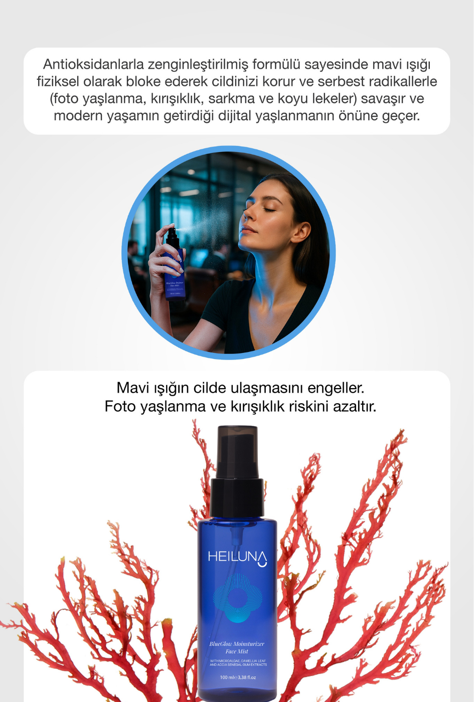 Mavi Işık Koruyucu Işıltı Veren Yüz Spreyi | Mikroalg & Akasya Senegal | 100 ml