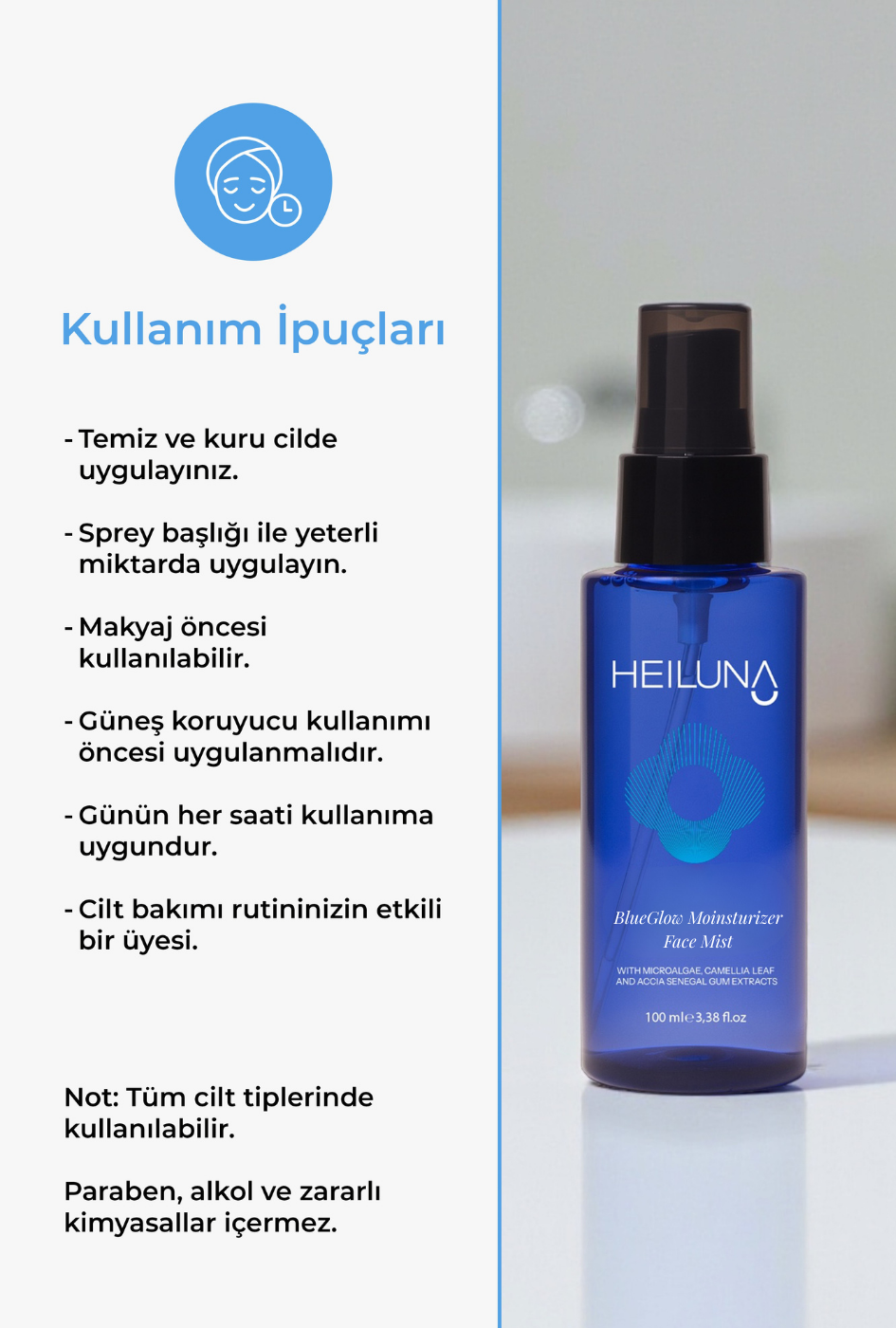 Mavi Işık Koruyucu Işıltı Veren Yüz Spreyi | Mikroalg & Akasya Senegal | 100 ml