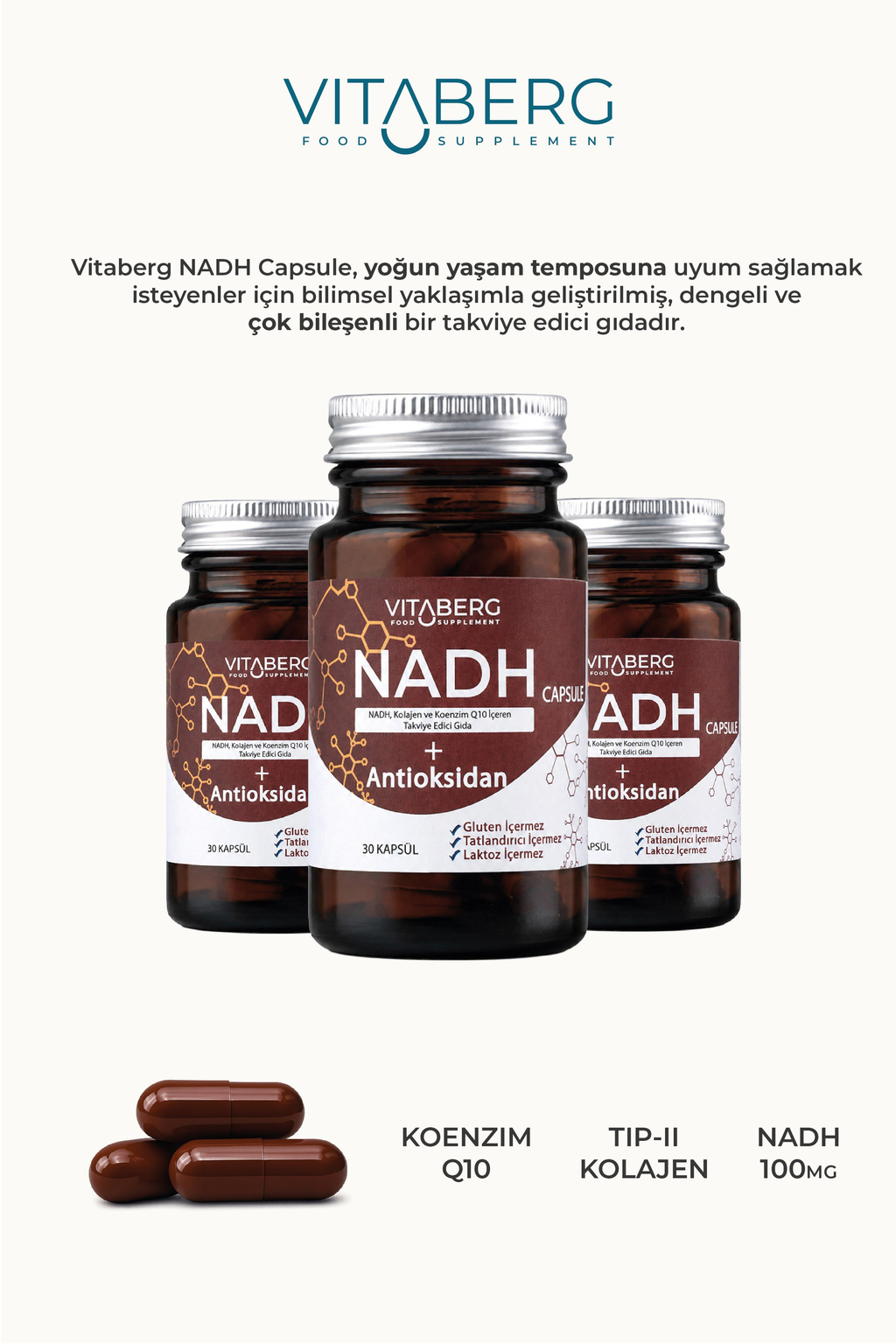 Vitaberg NADH Antioksidan+ | PQQ, Koenzim Q10, Resveratrol, Kolajen Tip II