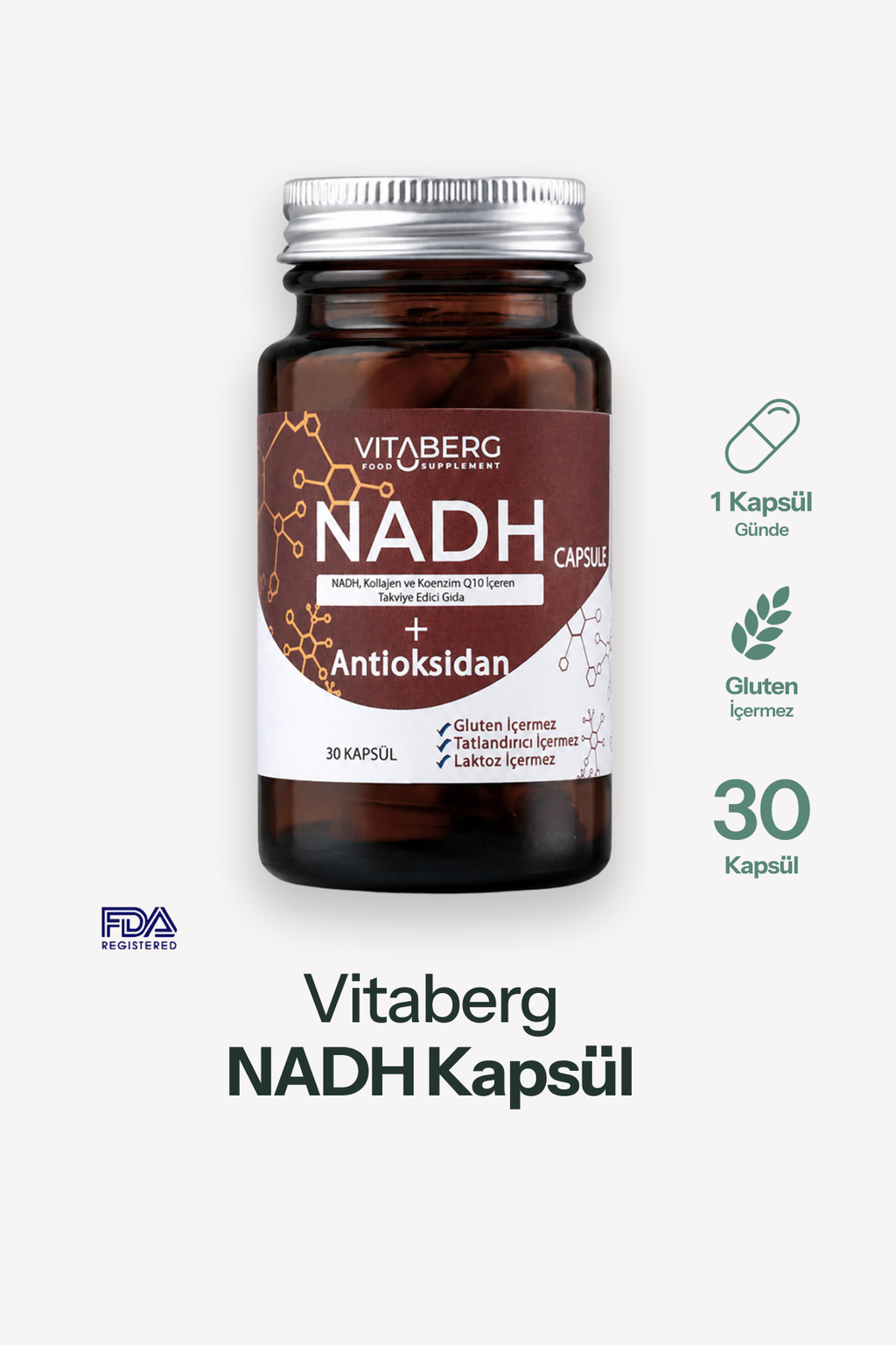 Vitaberg NADH Antioksidan+ | PQQ, Koenzim Q10, Resveratrol, Kolajen Tip II