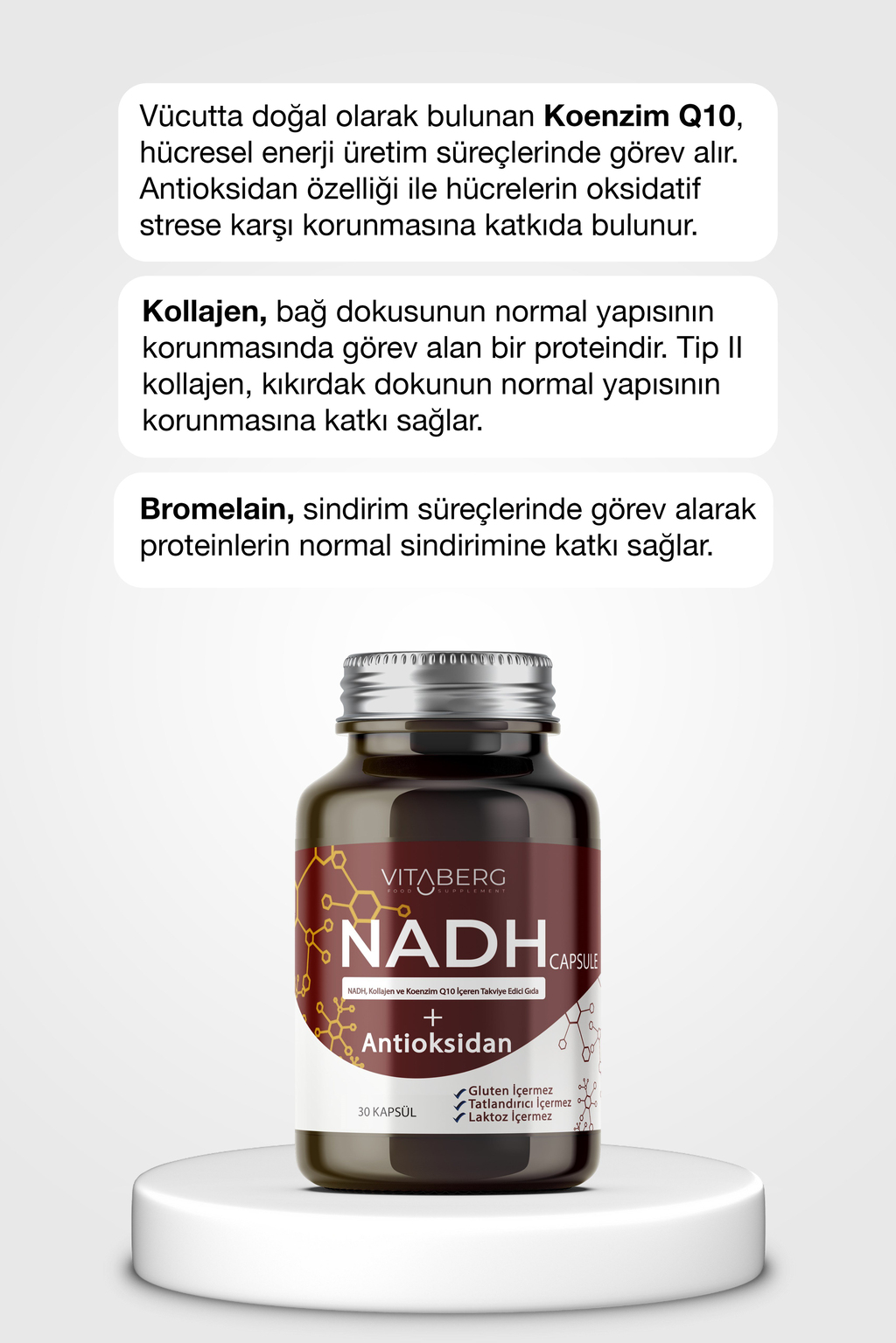 Vitaberg NADH Antioksidan+ | PQQ, Koenzim Q10, Resveratrol, Kolajen Tip II