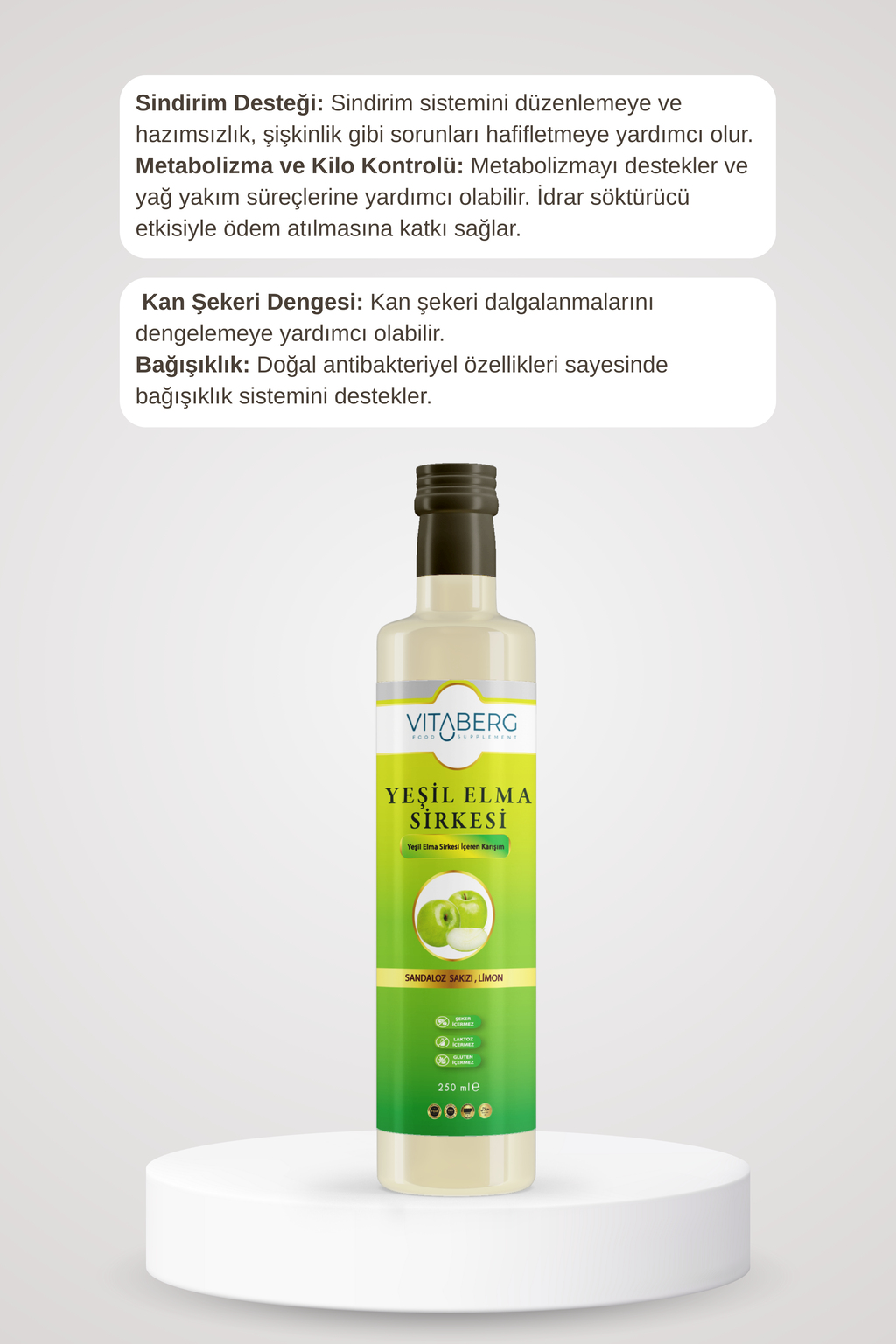 Yeşil Elma Sirkesi | Sandaloz Sakızı ve Limon Ekstrakt İçeren Karışım 250 ml