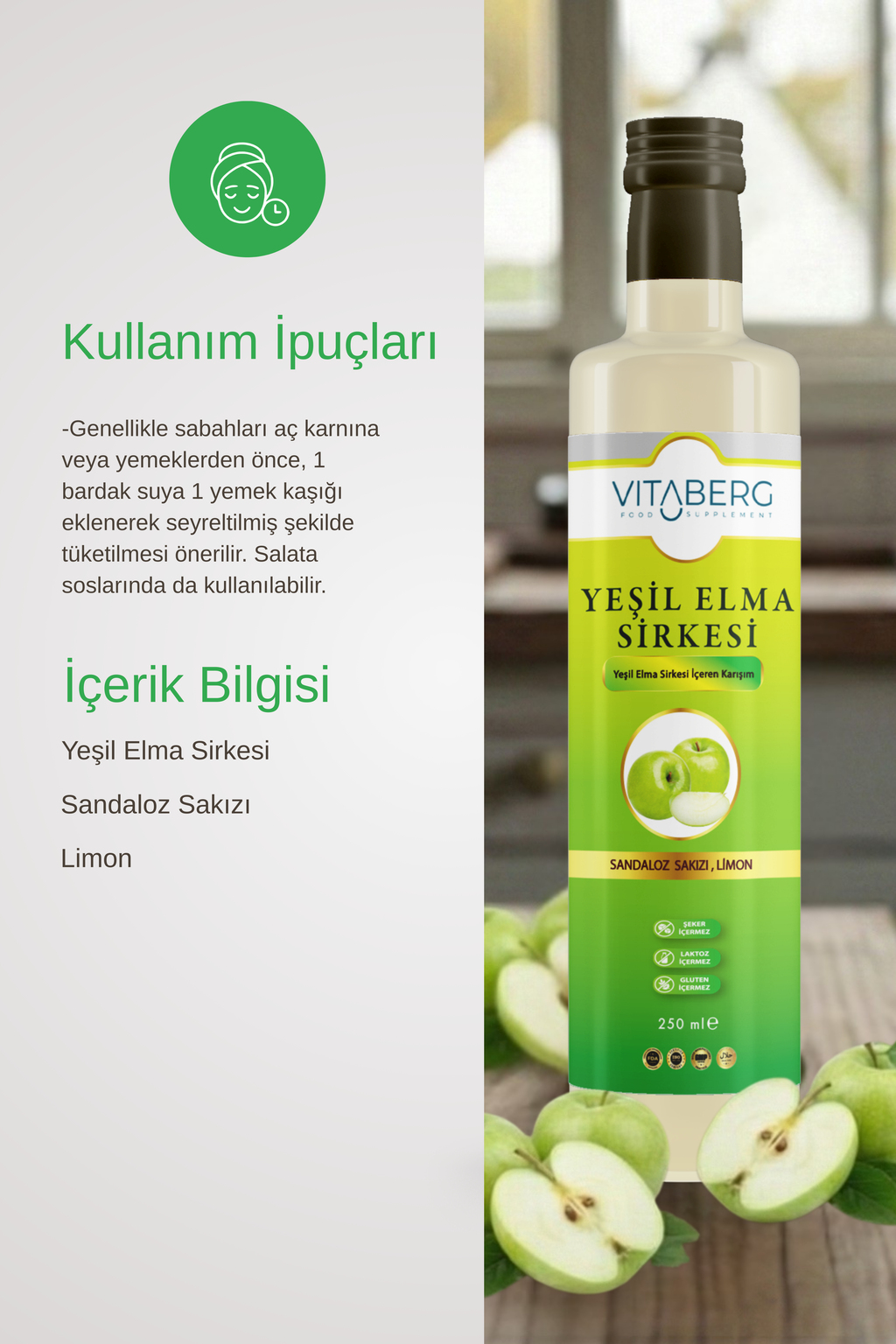 Yeşil Elma Sirkesi | Sandaloz Sakızı ve Limon Ekstrakt İçeren Karışım 250 ml