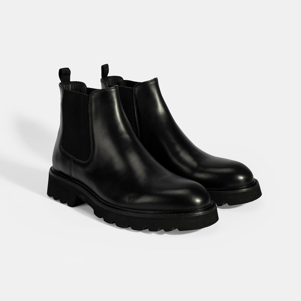 Erkek Siyah Lastik Detaylı Deri Bot