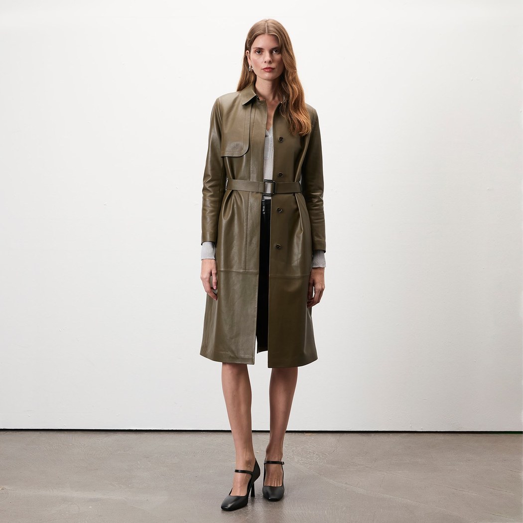 Kadın Haki Uzun Gömlek Yaka Deri Trençkot