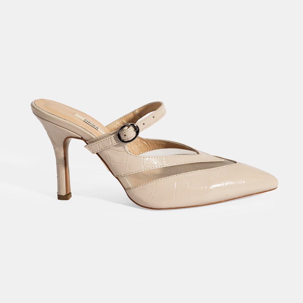 Kadın Krem Ayarlanabilir Tokalı Deri Abiye Topuklu Terlik