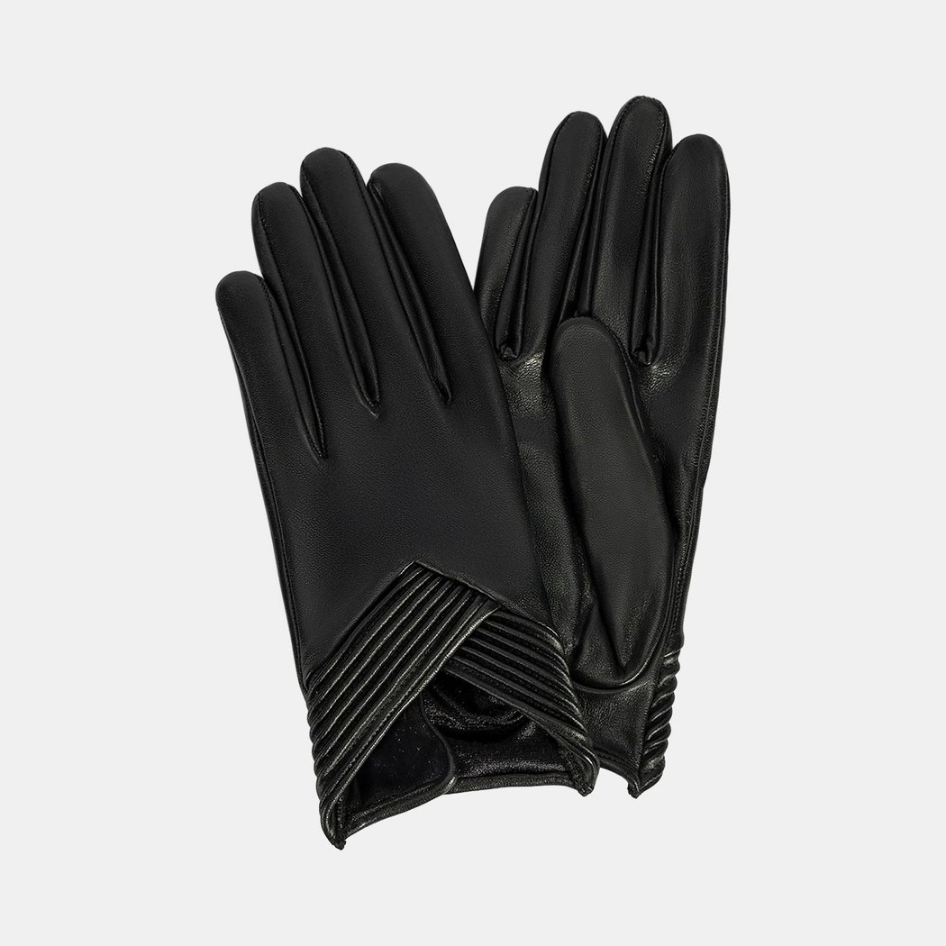 Kadın Siyah Lastik Detaylı Deri Eldiven