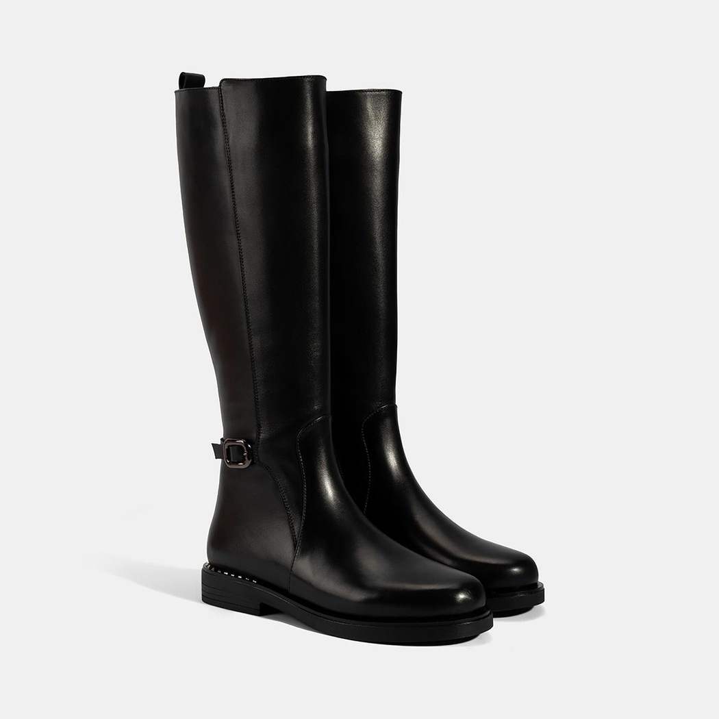 Kadın Siyah Metal Tokalı Kalın Topuklu Deri Çizme