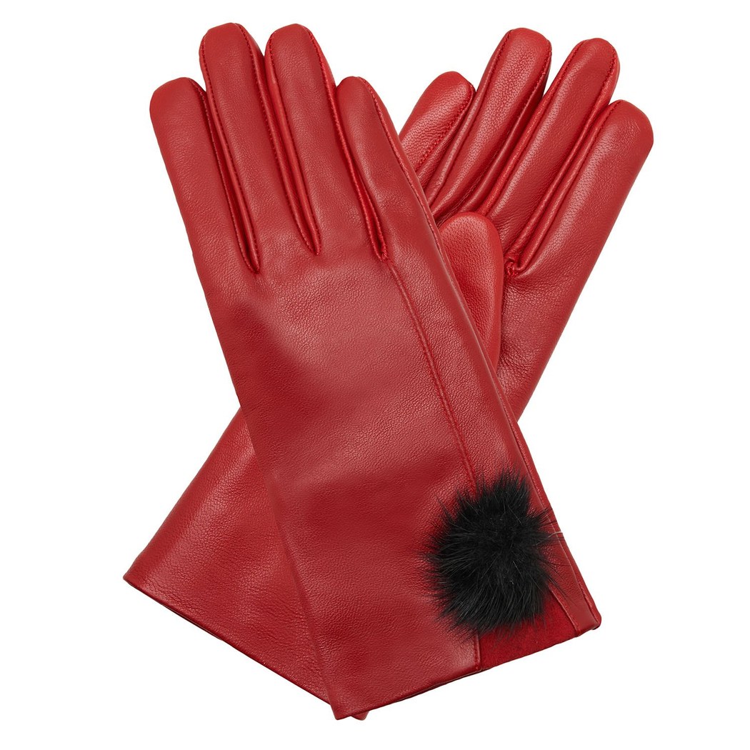 Kırmızı Kadın Kürk Detaylı Deri Eldiven