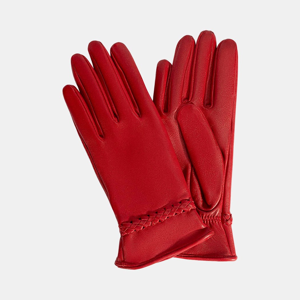 Kırmızı Kadın Örgülü Deri Eldiven