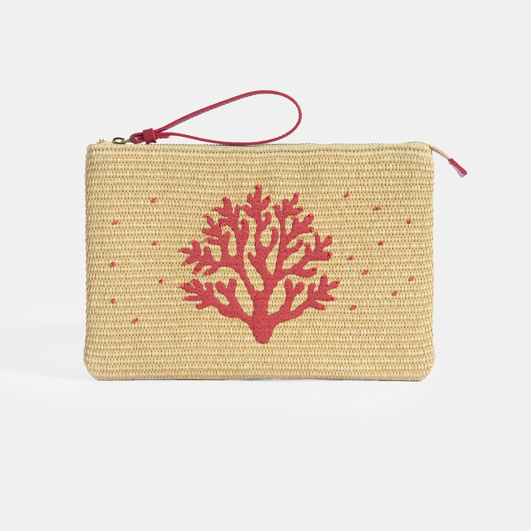 Kırmızı Mercan Nakışlı Hasır Clutch