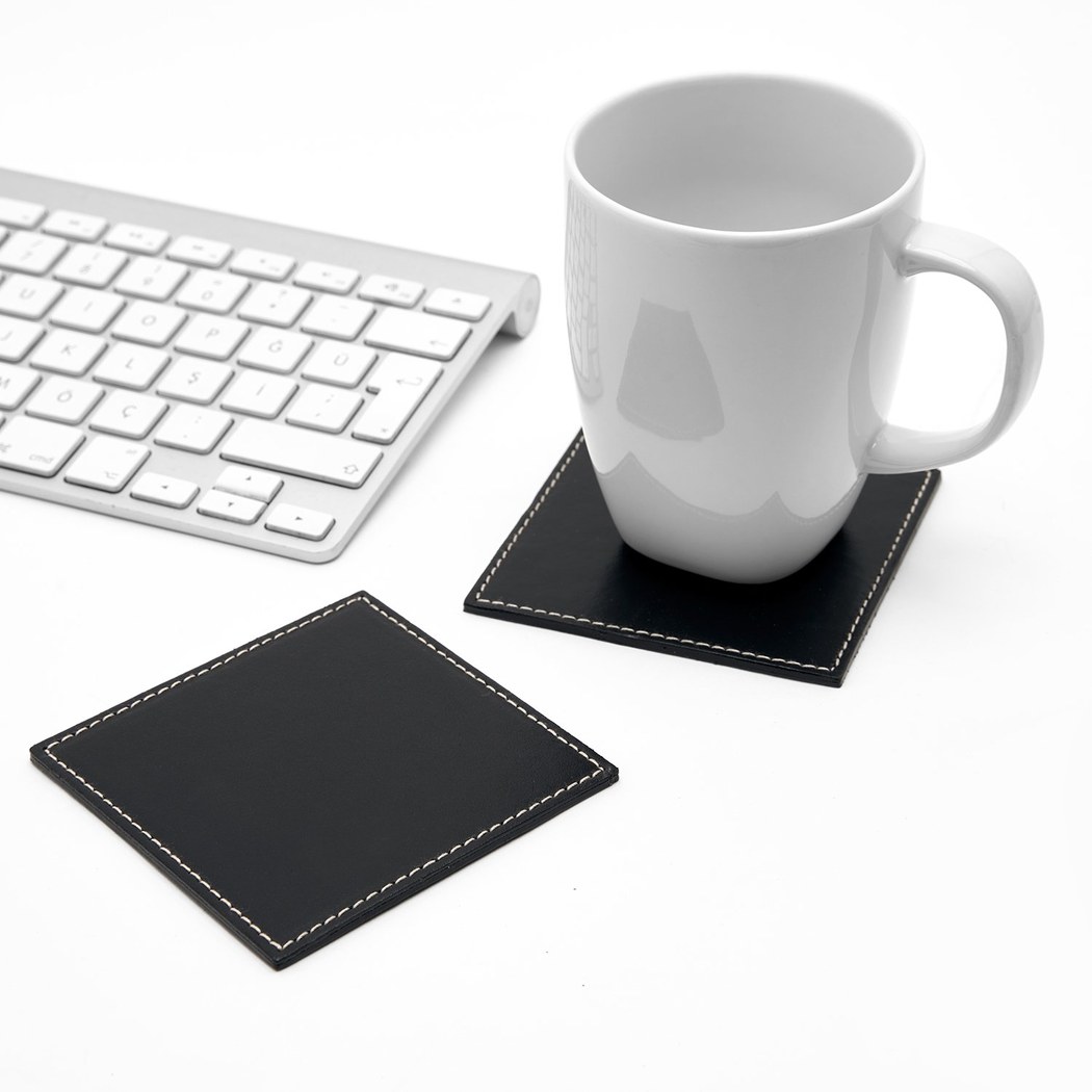 Siyah Deri Dörtlü Bardak Altlığı