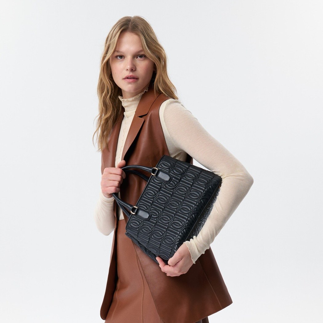 Absola Siyah Kadın Monogram Kapitone Deri Omuz Çantası