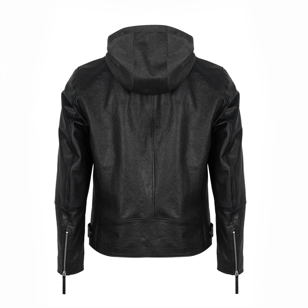Aimone Siyah Erkek Kapüşonlu Deri Ceket