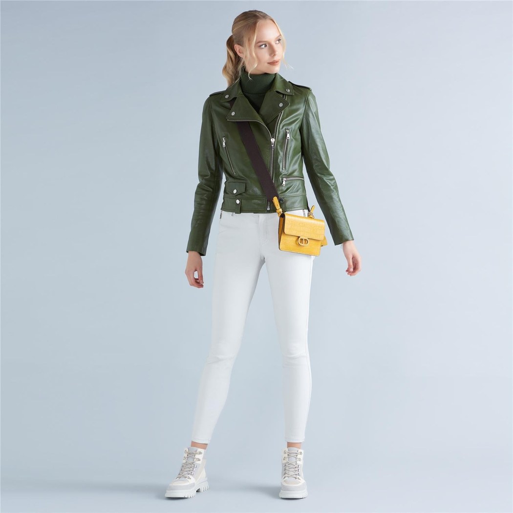 Aletta Yeşil Kadın Biker Deri Ceket