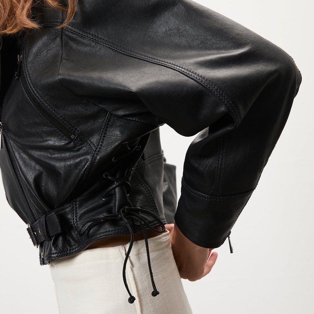 Allayna Siyah Kadın Deri Biker Ceket