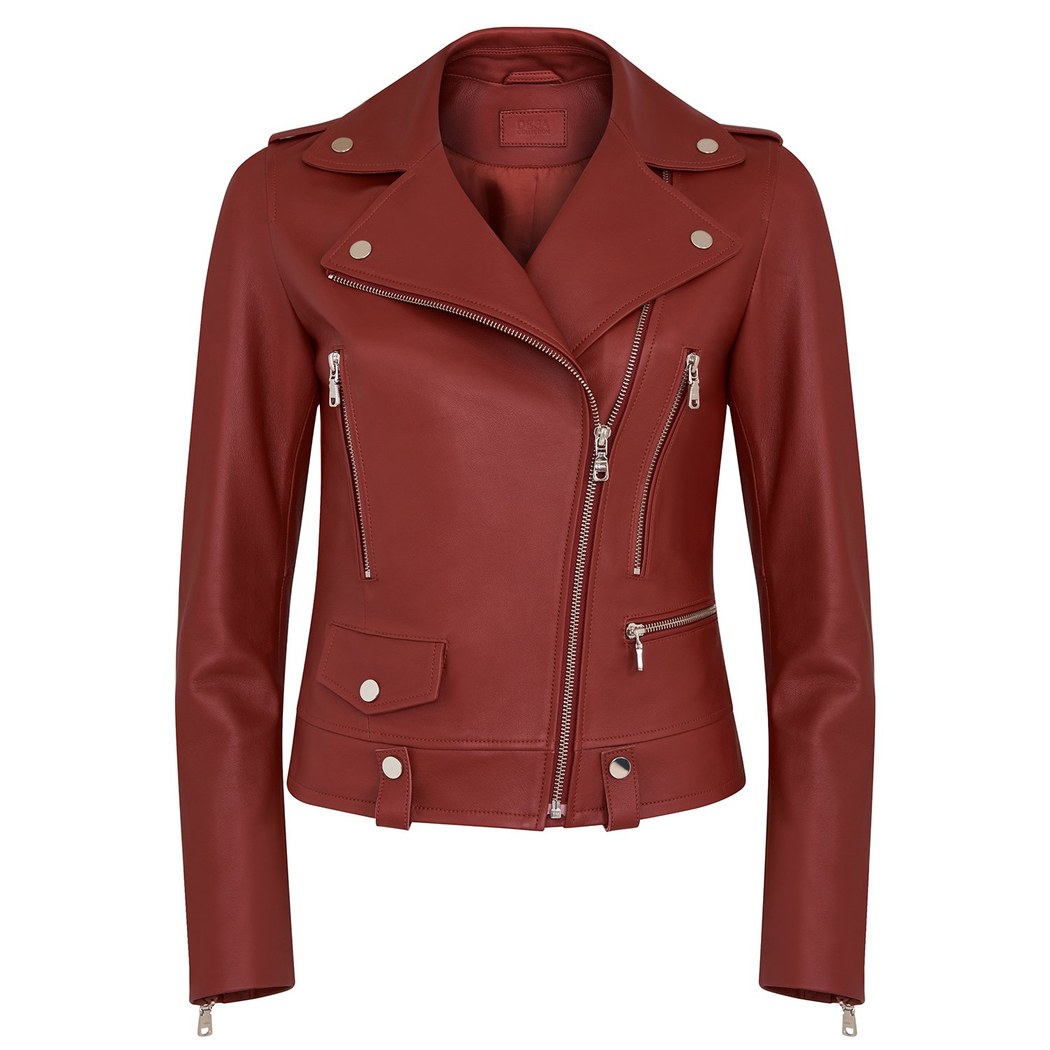 Amelia Kırmızı Kadın Biker Deri Ceket