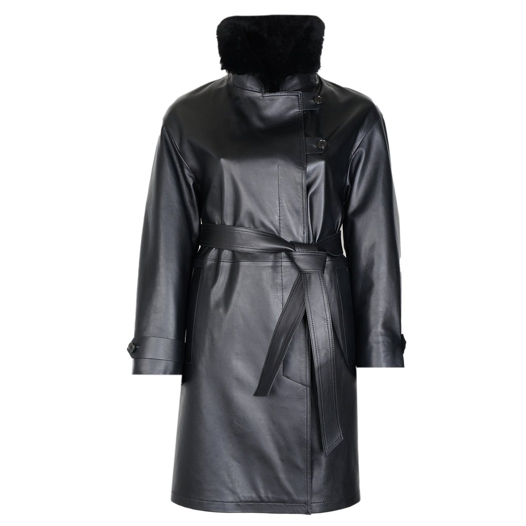 Amiah Siyah Kadın Oversize Deri Pardösü