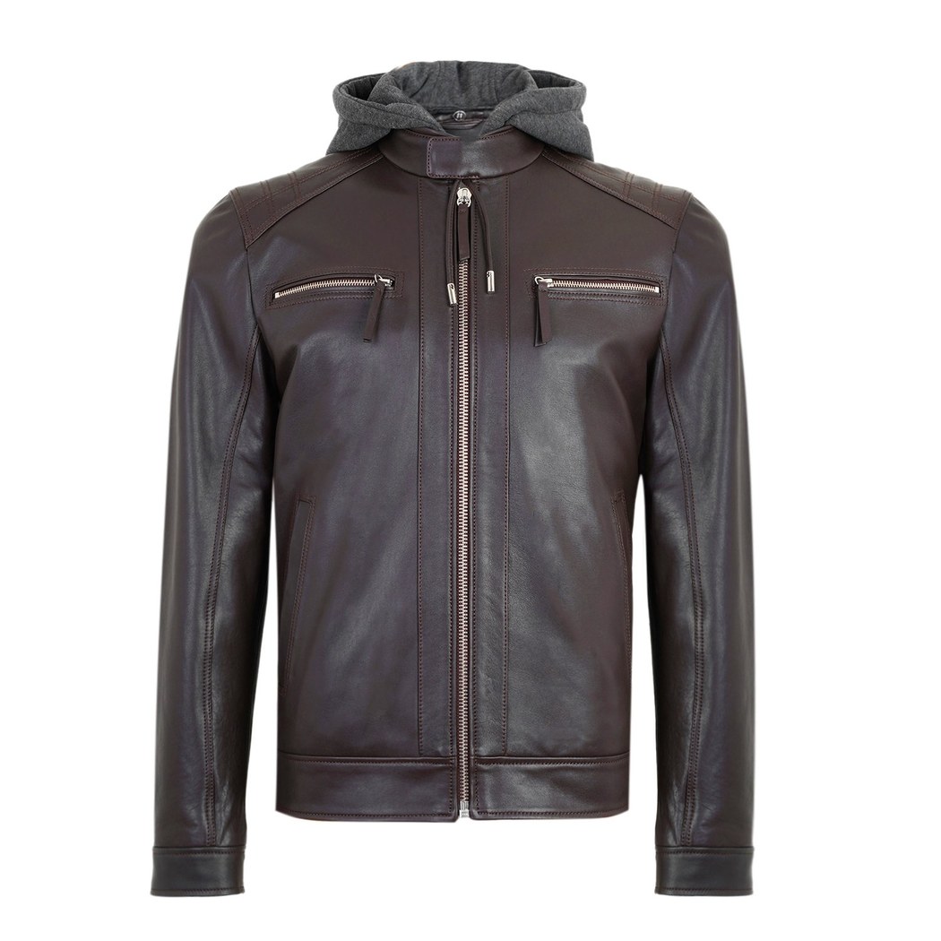 Analu Koyu Kahve Erkek Kapüşonlu Deri Mont