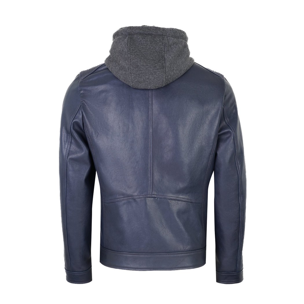 Analu Mavi Erkek Kapüşonlu Deri Mont