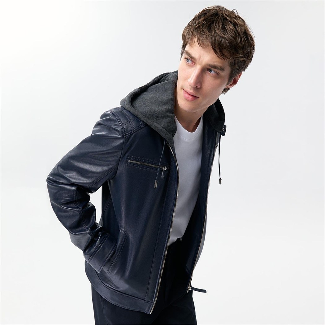 Analu Mavi Erkek Kapüşonlu Deri Mont