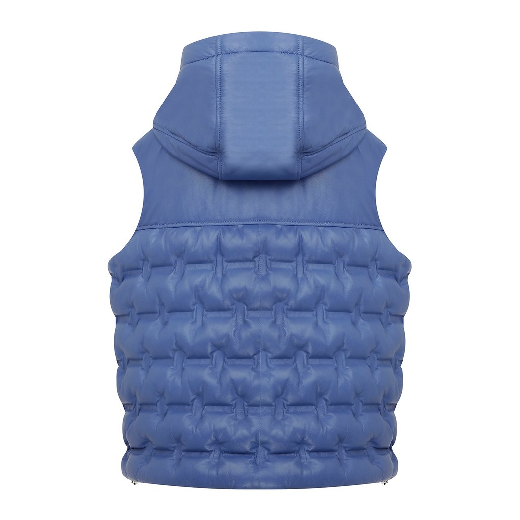 Anitra Mavi Kadın Kapüşonlu Puffer Deri Yelek
