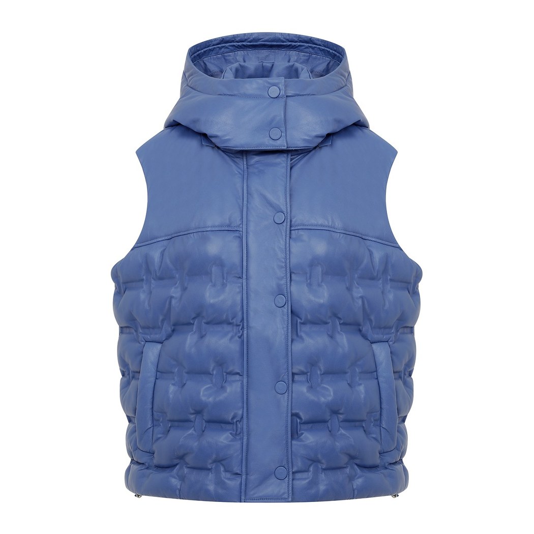 Anitra Mavi Kadın Kapüşonlu Puffer Deri Yelek