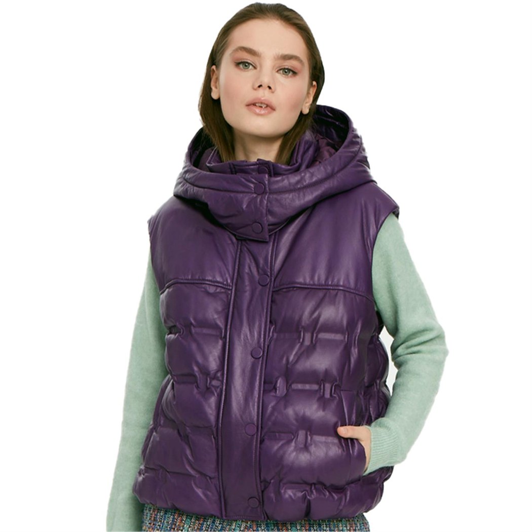 Anitra Mor Kadın Kapüşonlu Puffer Deri Yelek