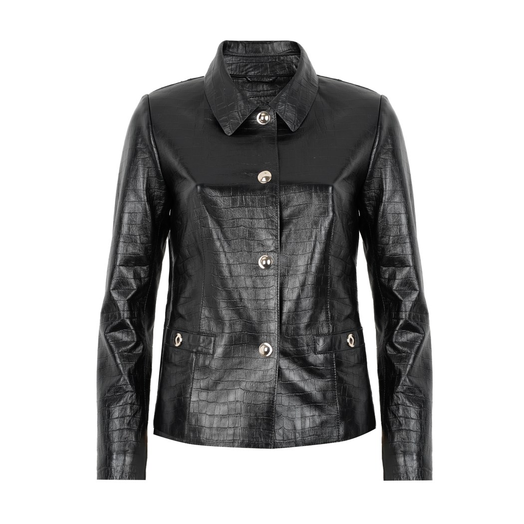 Ayita Siyah Kadın Kroko Baskılı Deri Ceket