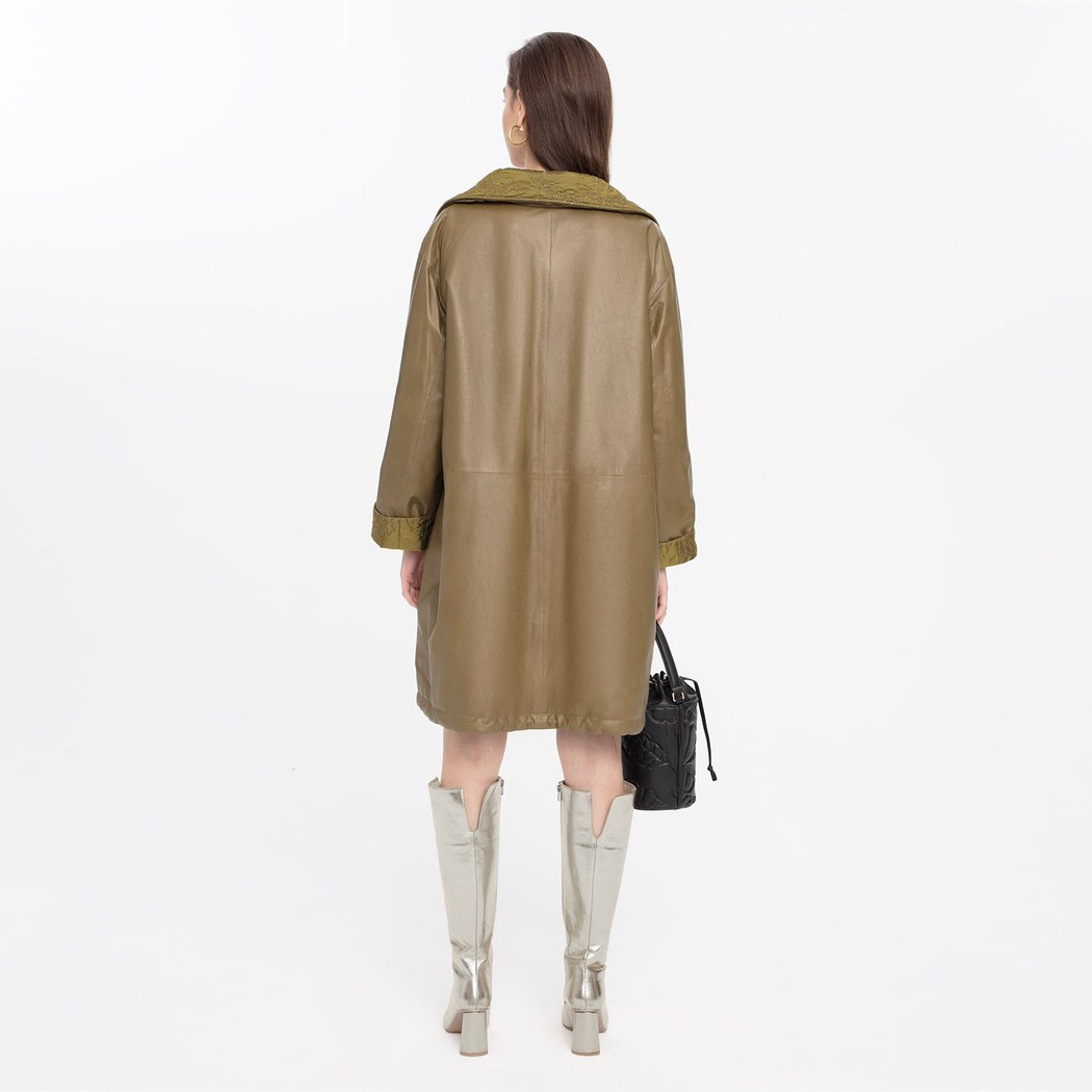 Azia Haki Kadın Çift Taraflı Deri Trençkot