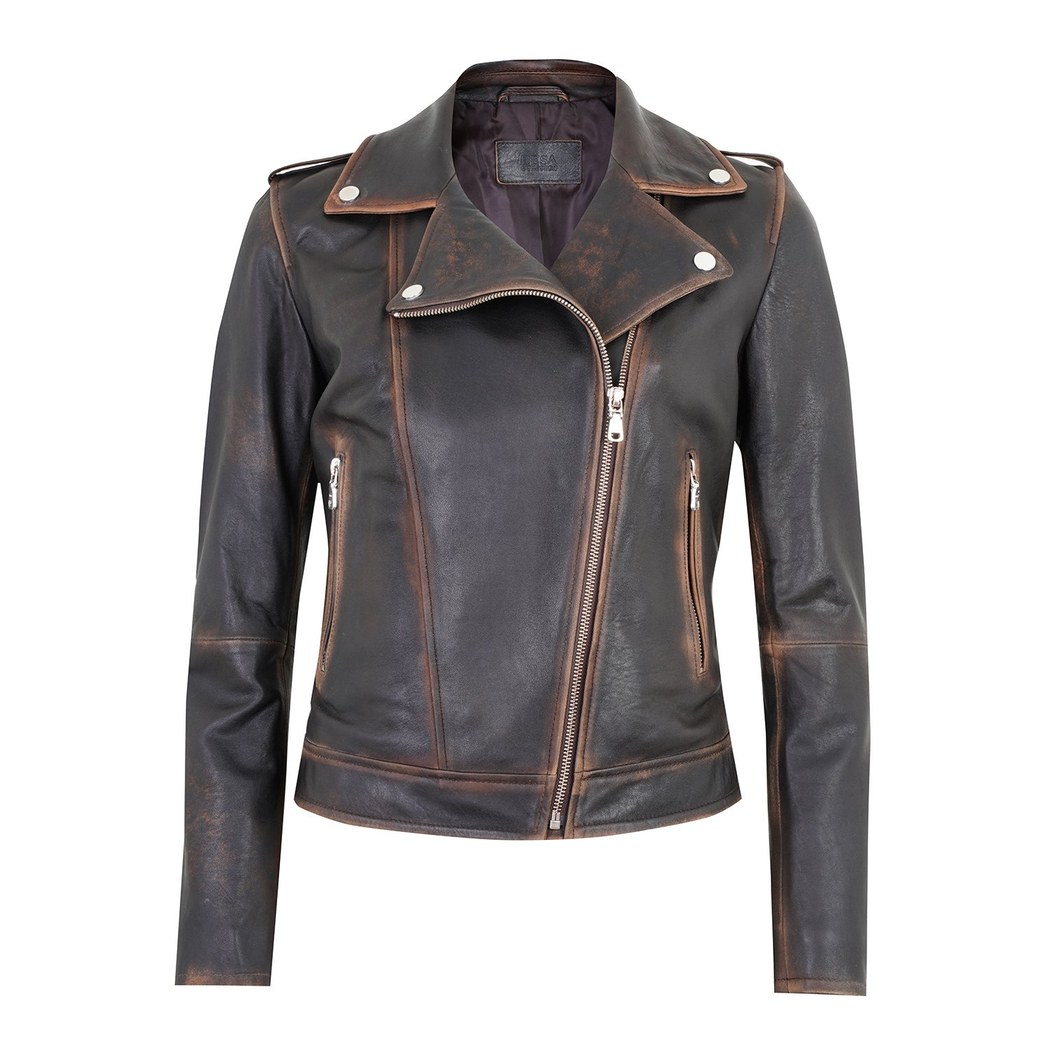 Benvolio Kahve Kadın Vintage Biker Deri Ceket