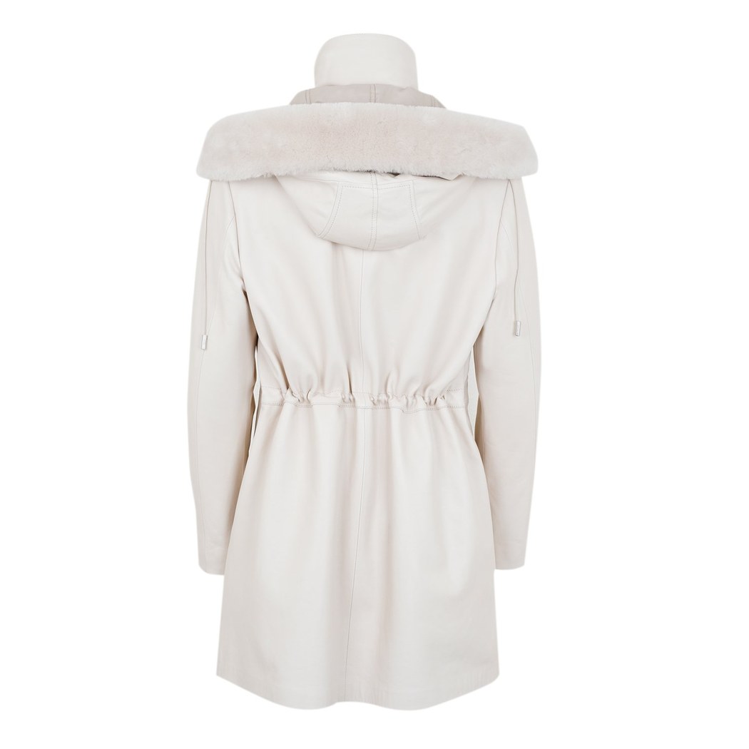 Biana Krem Kadın Kapüşonlu Deri Kaban