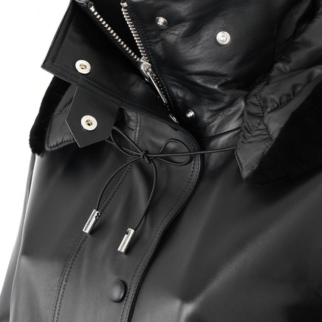 Biana Siyah Kadın Kapüşonlu Deri Kaban