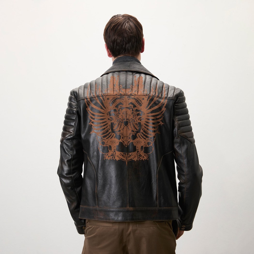 Bill Kahve Erkek Kartallı Vintage Biker Deri Mont