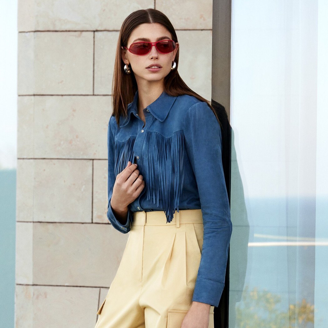 Breahne Mavi Kadın Püsküllü Western Süet Deri Gömlek