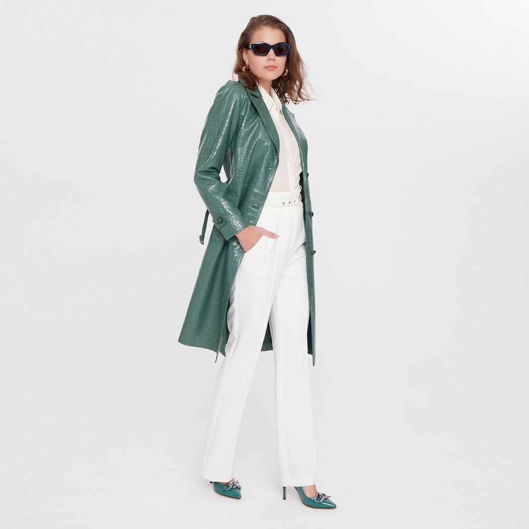 Briona Yeşil Kadın Kroko Baskılı Deri Trençkot