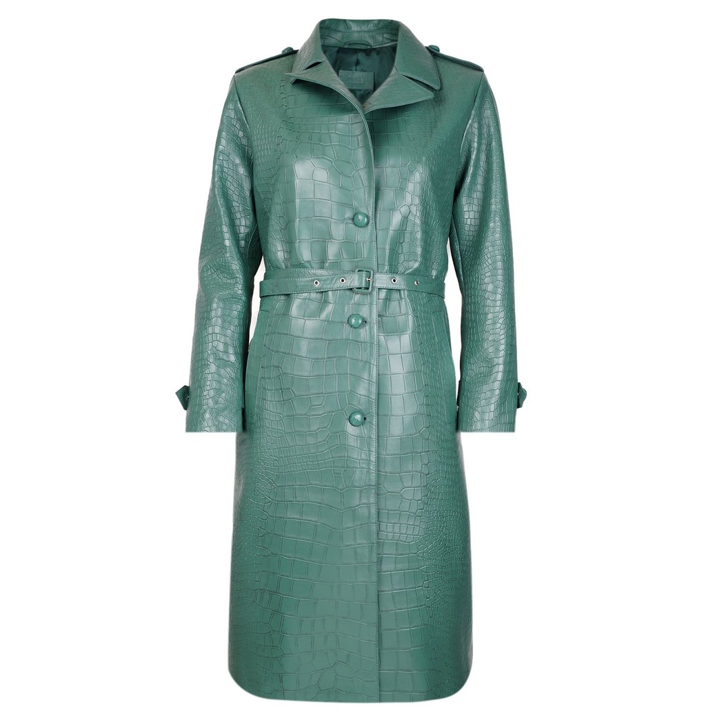 Briona Yeşil Kadın Kroko Baskılı Deri Trençkot