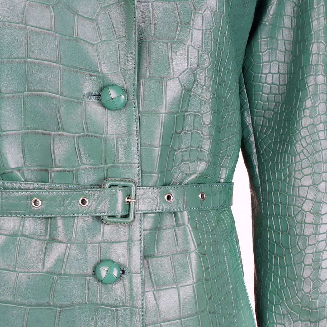 Briona Yeşil Kadın Kroko Baskılı Deri Trençkot