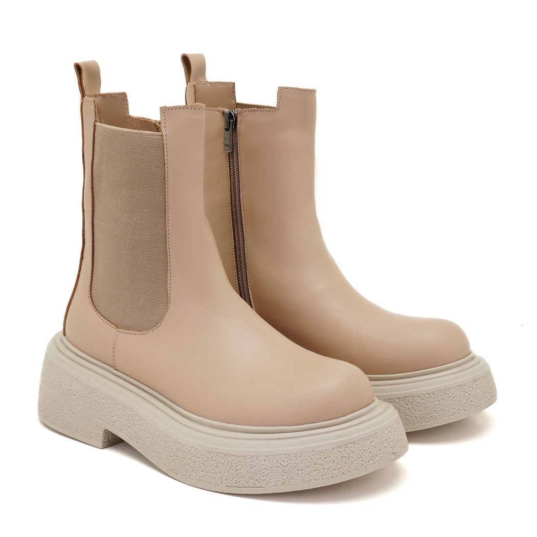 Brissa Krem Kadın Yandan Lastikli Deri Chelsea Bot