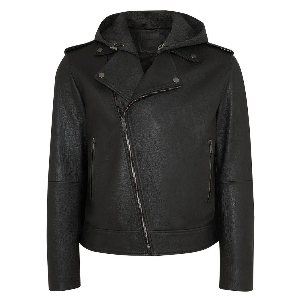 Bryan Siyah Erkek Kapüşonlu Deri Biker Ceket