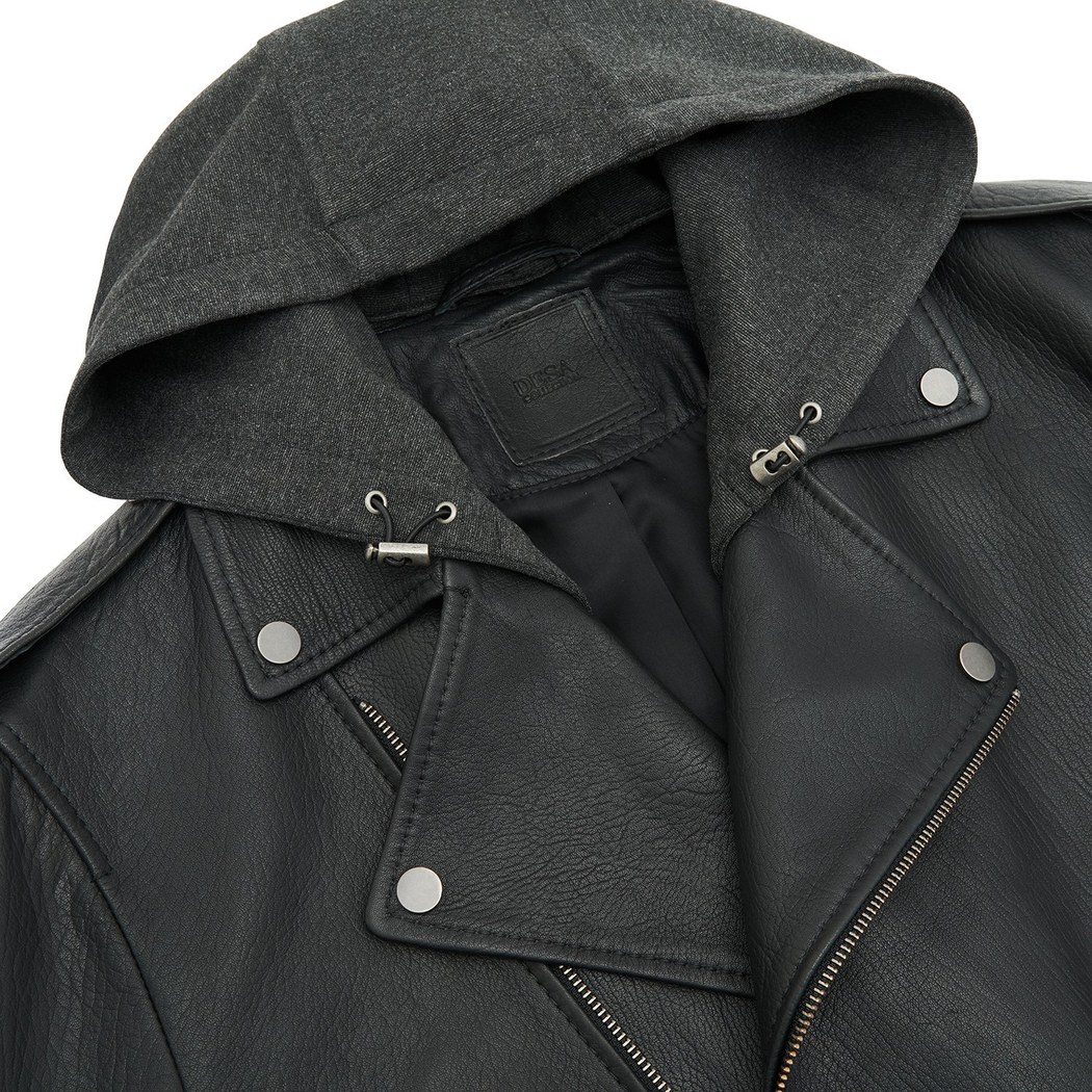 Bryan Siyah Erkek Kapüşonlu Deri Biker Ceket