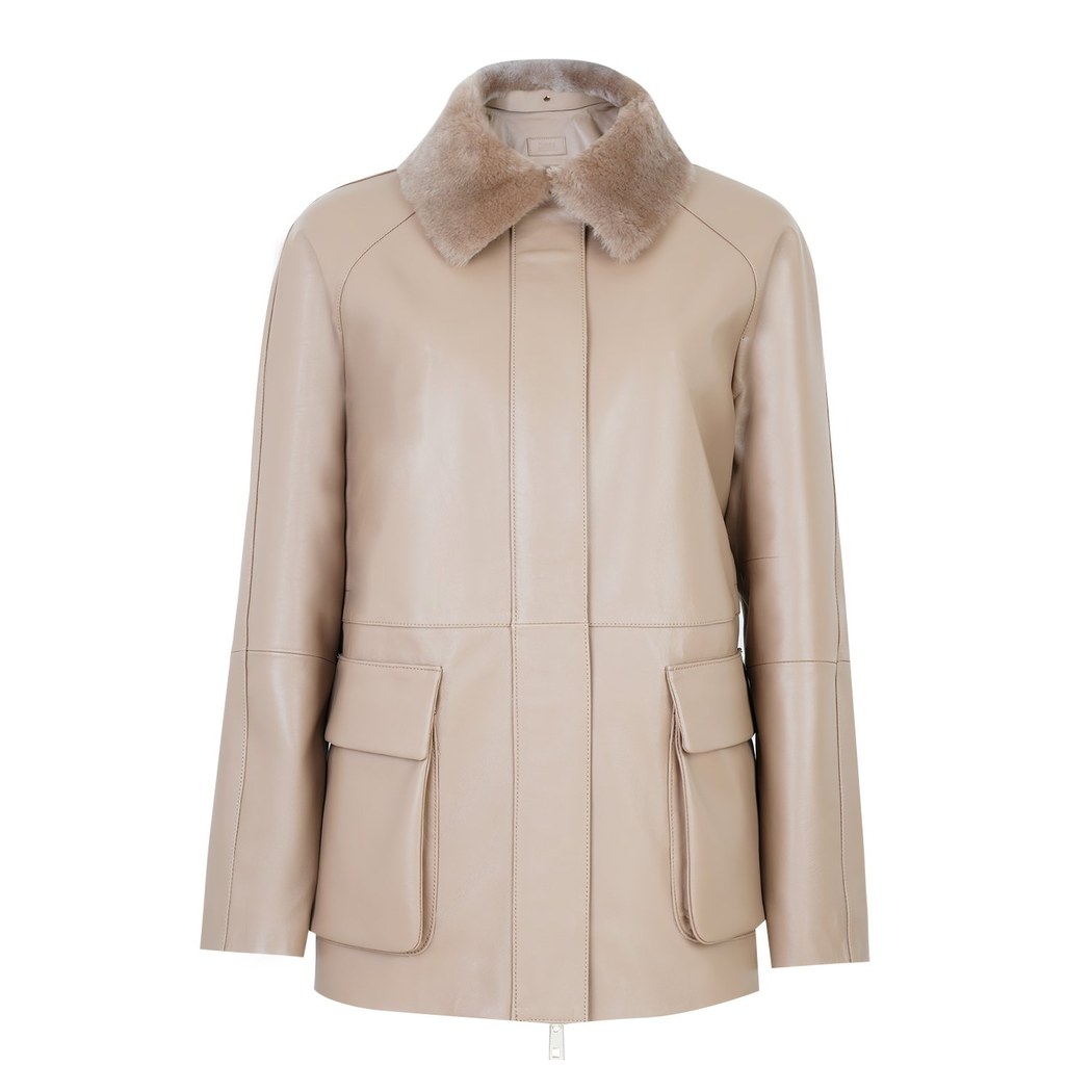 Caralynn Bej Kadın Kürk Yakalı Deri Mont