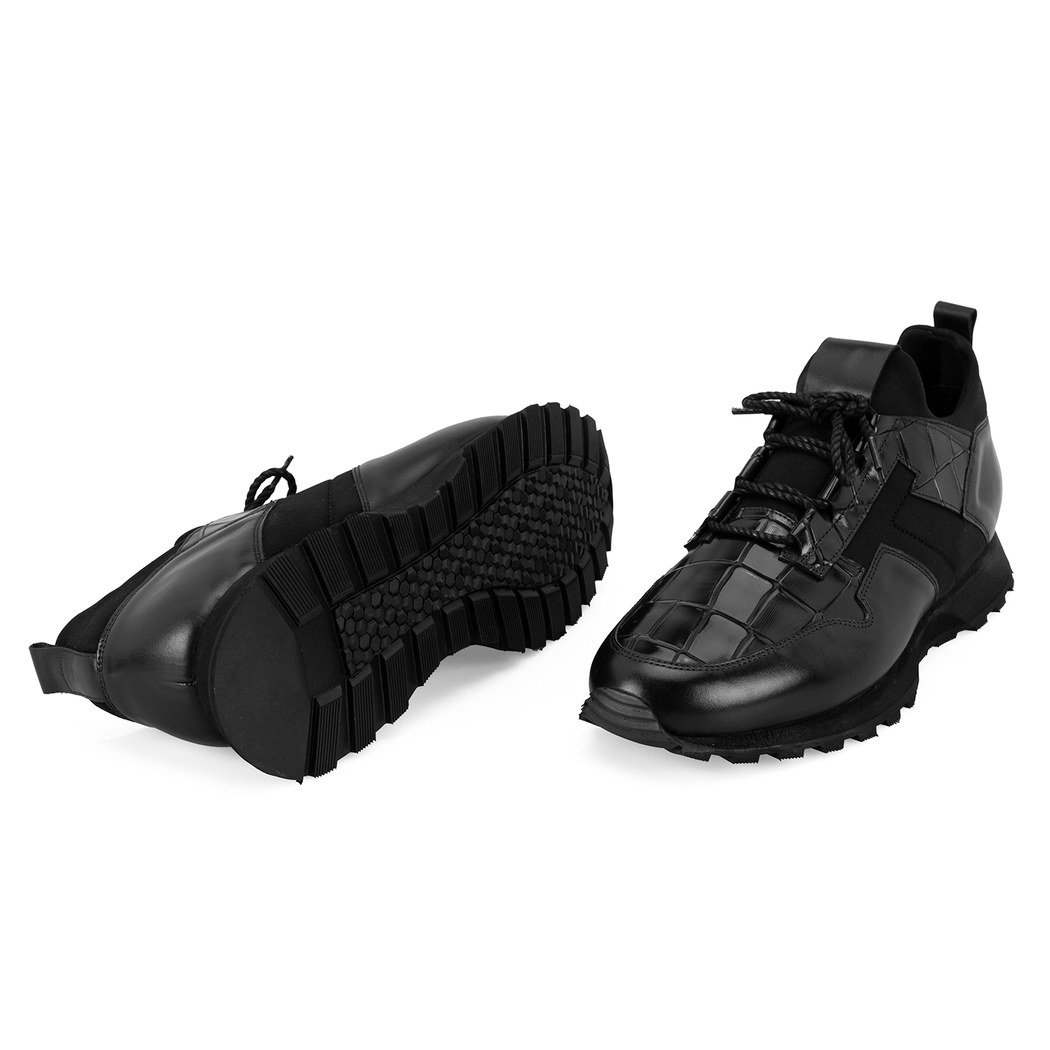 Dandre Siyah Erkek Kroko Baskılı Deri Spor Ayakkabı