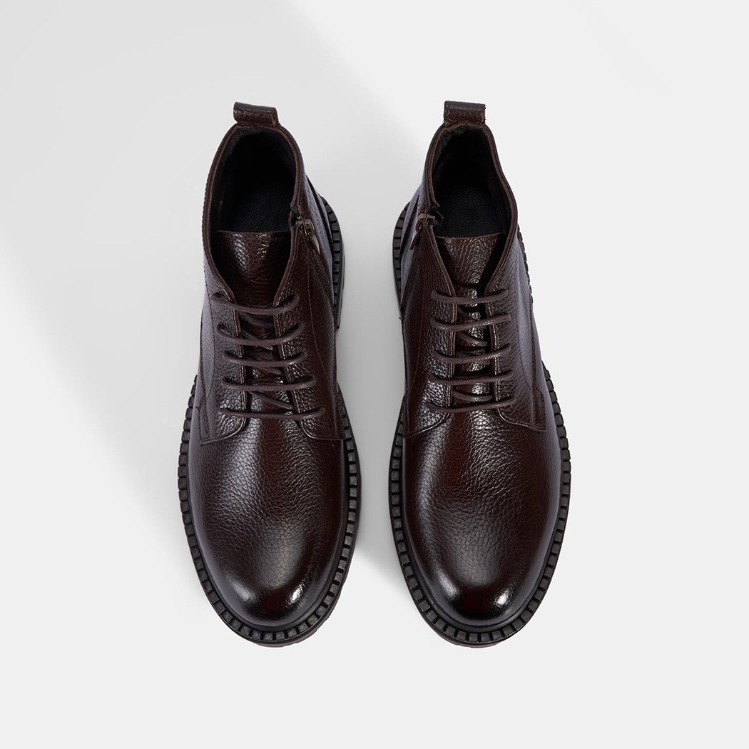 Erkek Kahve Bağcıklı Kalın Tabanlı Deri Postal Bot