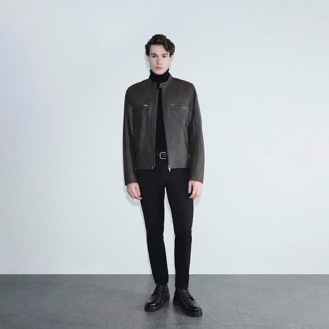 Erkek Kahve Hakim Yakalı Fit Deri Ceket