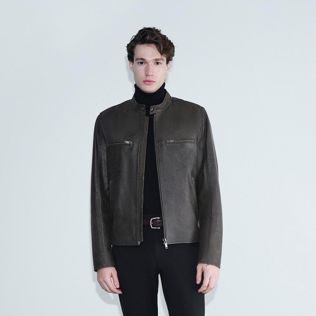 Erkek Kahve Hakim Yakalı Fit Deri Ceket